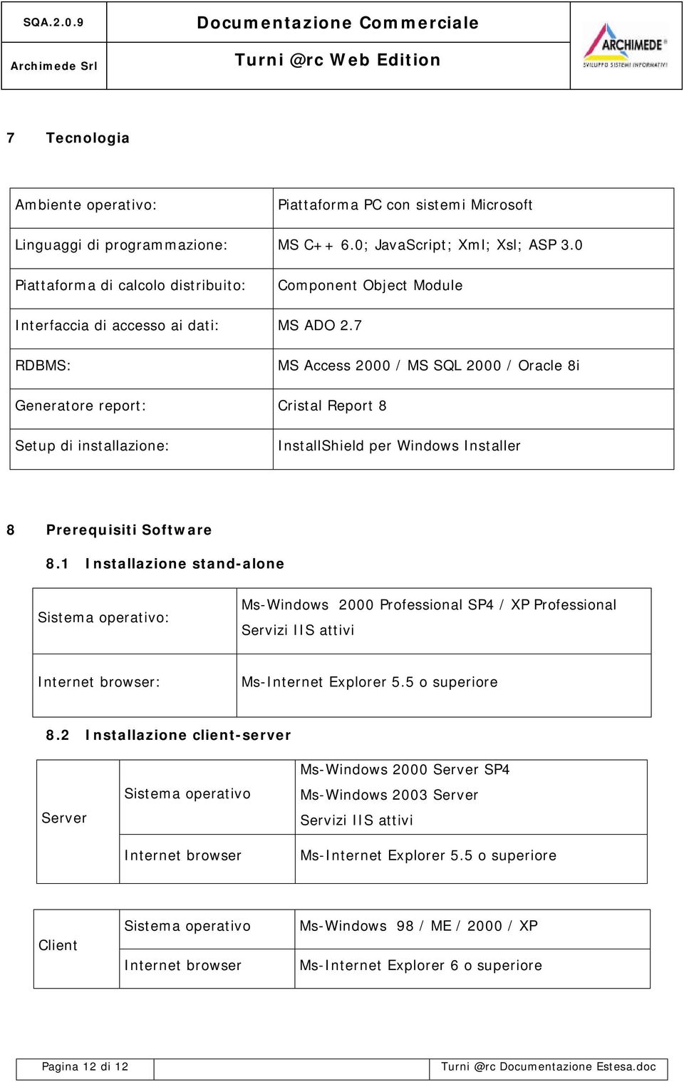 7 RDBMS: MS Access 2000 / MS SQL 2000 / Oracle 8i Generatore report: Cristal Report 8 Setup di installazione: InstallShield per Windows Installer 8 Prerequisiti Software 8.