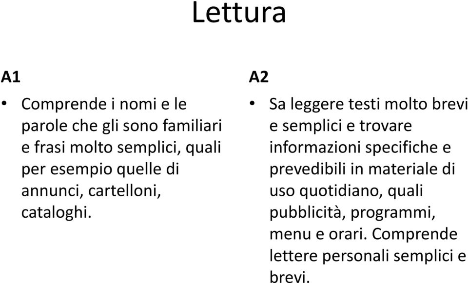 A2 Sa leggere testi molto brevi e semplici e trovare informazioni specifiche e