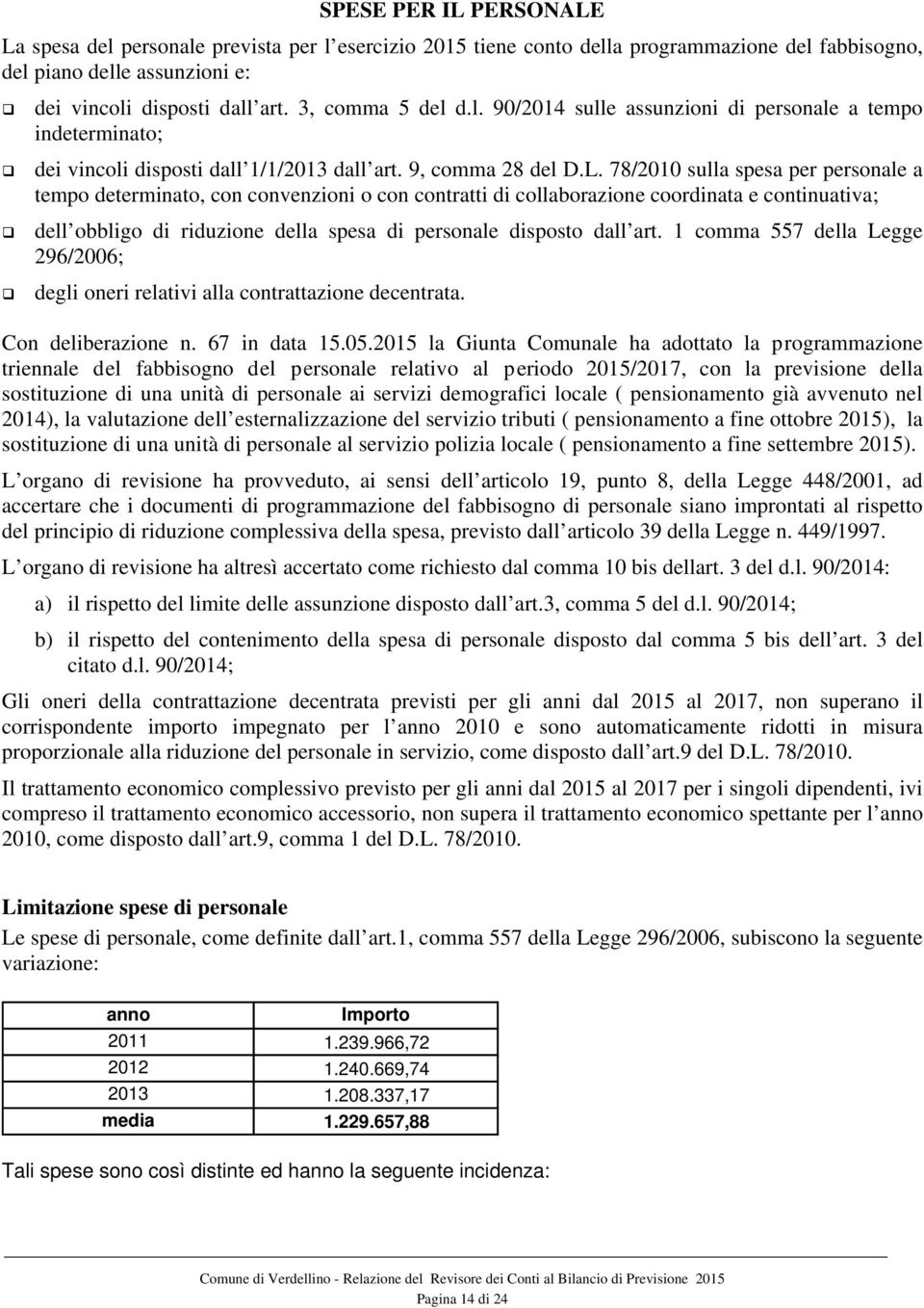 78/2010 sulla spesa per personale a tempo determinato, con convenzioni o con contratti di collaborazione coordinata e continuativa; dell obbligo di riduzione della spesa di personale disposto dall