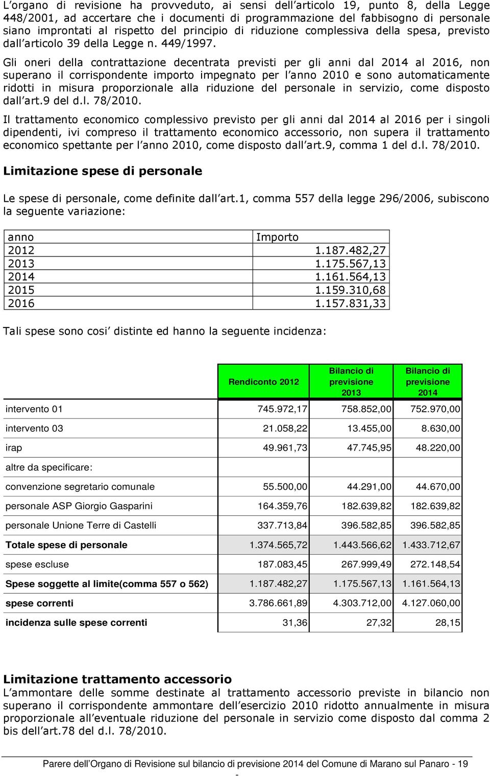 Gli oneri della contrattazione decentrata previsti per gli anni dal 2014 al 2016, non superano il corrispondente importo impegnato per l anno 2010 e sono automaticamente ridotti in misura