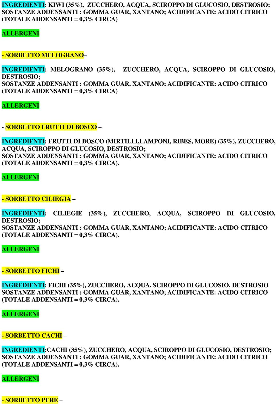 FRUTTI DI BOSCO INGREDIENTI: FRUTTI DI BOSCO (MIRTILLI,LAMPONI, RIBES, MORE) (35%), ZUCCHERO, ACQUA, SCIROPPO DI GLUCOSIO, DESTROSIO; SOSTANZE ADDENSANTI : GOMMA GUAR, XANTANO; ACIDIFICANTE: ACIDO