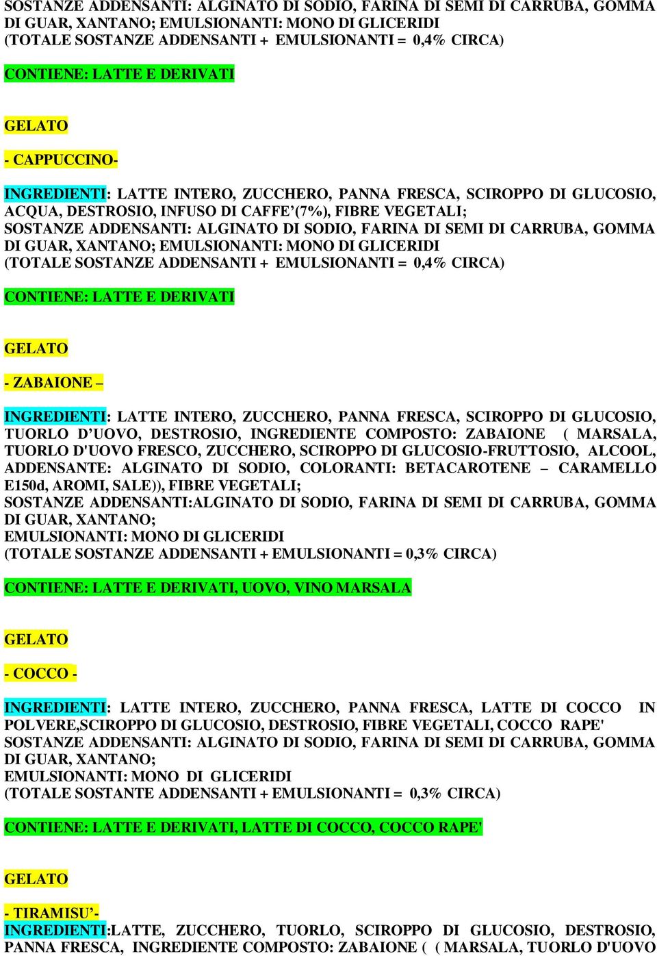 TUORLO D UOVO, DESTROSIO, INGREDIENTE COMPOSTO: ZABAIONE ( MARSALA, TUORLO D'UOVO FRESCO, ZUCCHERO, SCIROPPO DI GLUCOSIO-FRUTTOSIO, ALCOOL, ADDENSANTE: ALGINATO DI SODIO, COLORANTI: BETACAROTENE