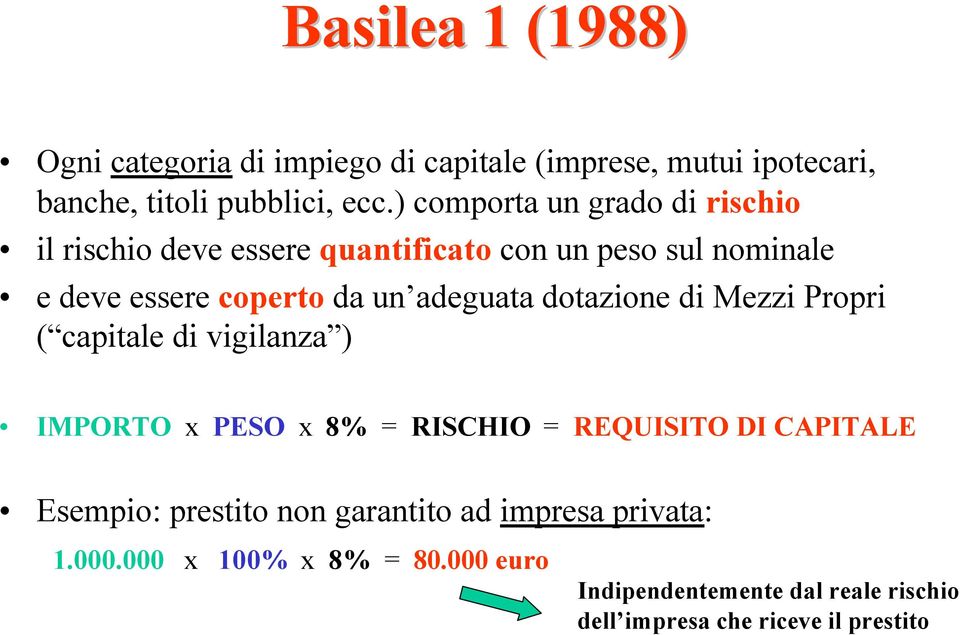 adeguata dotazione di Mezzi Propri ( capitale di vigilanza ) IMPORTO x PESO x 8% = RISCHIO = REQUISITO DI CAPITALE Esempio: