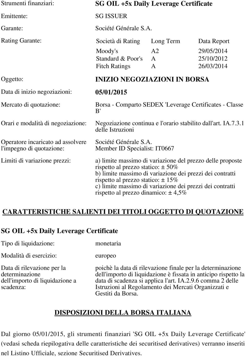 negoziazioni: 05/01/2015 Mercato di quotazione: Orari e modalità di negoziazione: Operatore incaricato ad assolvere l'impegno di quotazione: Limiti di variazione prezzi: Borsa - Comparto SEDEX