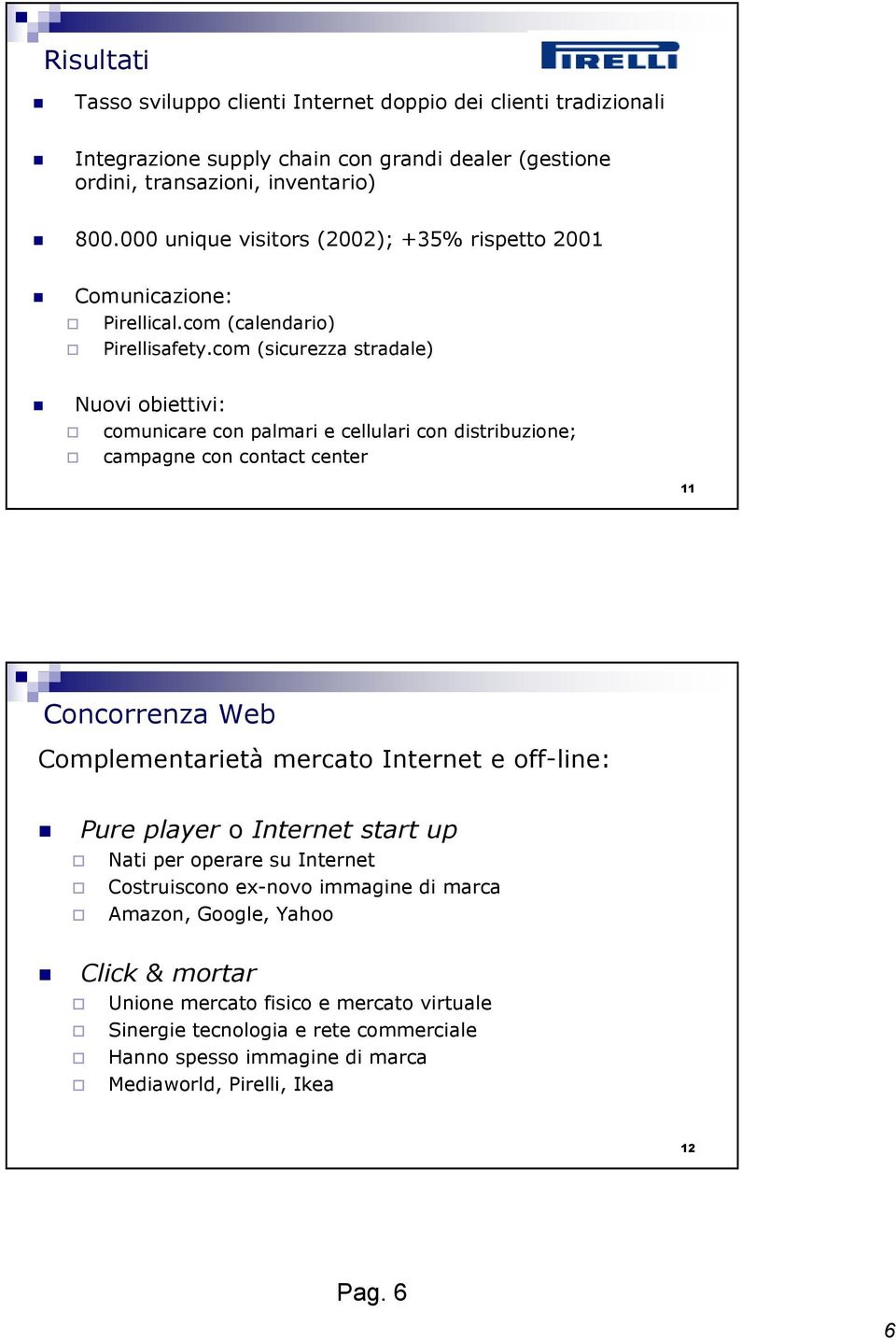 com (sicurezza stradale) Nuovi obiettivi: comunicare con palmari e cellulari con distribuzione; campagne con contact center 11 Concorrenza Web Complementarietà mercato Internet e