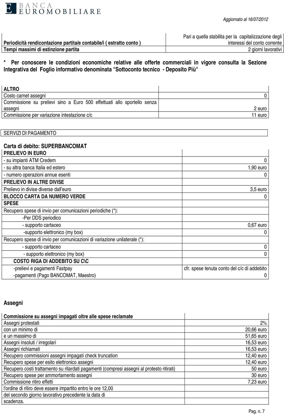 ALTRO Costo carnet assegni 0 Commissione su prelievi sino a Euro 500 effettuati allo sportello senza assegni 2 euro Commissione per variazione intestazione c/c 11 euro SERVIZI DI PAGAMENTO Carta di