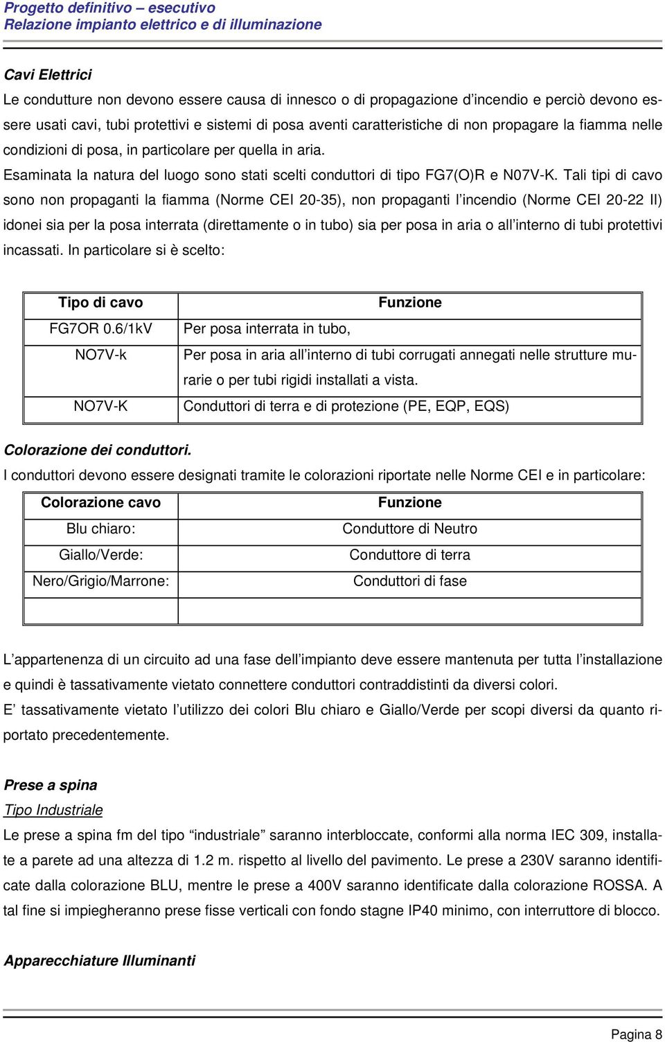 Tali tipi di cavo sono non propaganti la fiamma (Norme CEI 20-35), non propaganti l incendio (Norme CEI 20-22 II) idonei sia per la posa interrata (direttamente o in tubo) sia per posa in aria o all