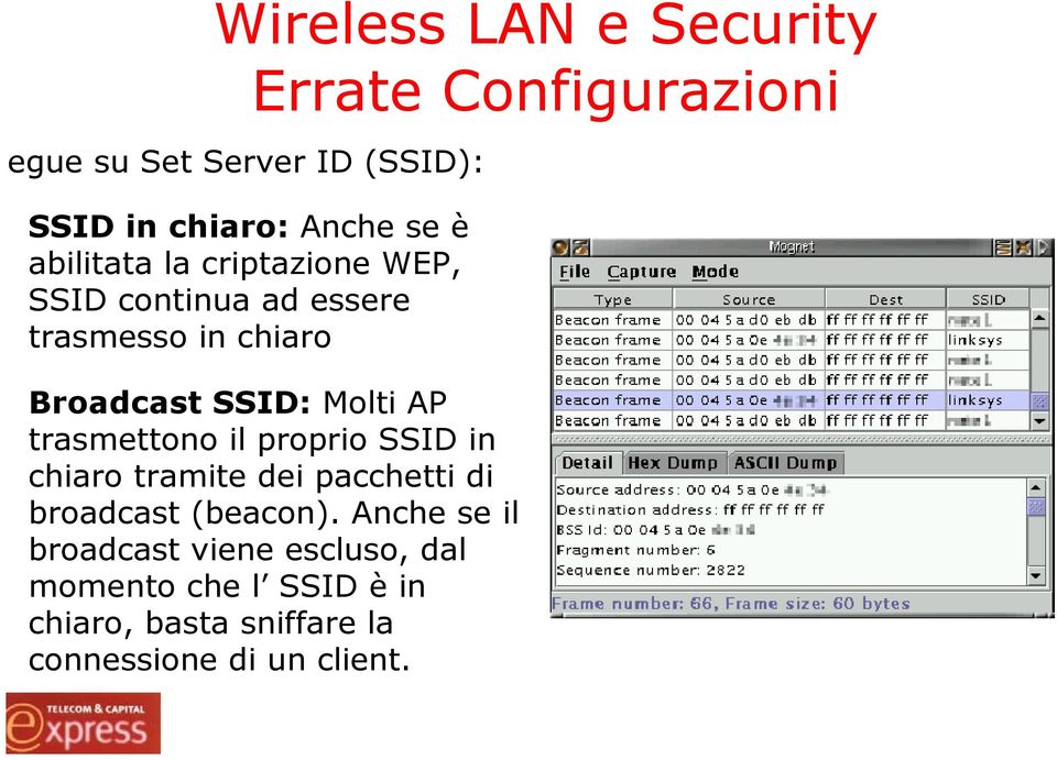 Molti AP trasmettono il proprio SSID in chiaro tramite dei pacchetti di broadcast (beacon).