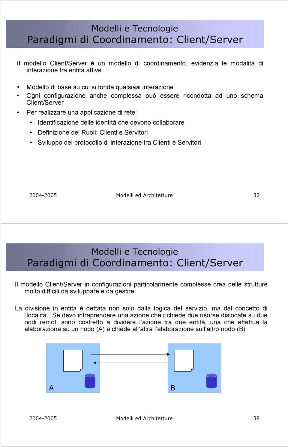 collaborare Definizione dei Ruoli: Clienti e Servitori Sviluppo del protocollo di interazione tra Clienti e Servitori 2004-2005 Modelli ed Architetture 37 Modelli e Tecnologie Paradigmi di