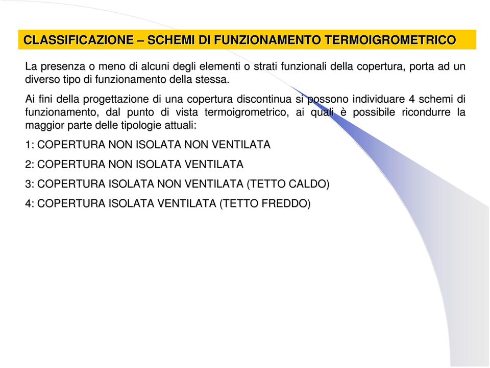 Ai fini della progettazione di una copertura discontinua si possono ono individuare 4 schemi di funzionamento, dal punto di vista