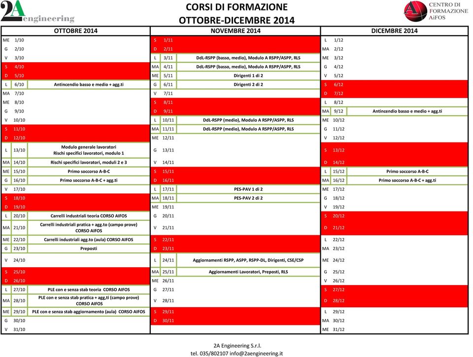 ti V 10/10 L 10/11 DdL-RSPP (medio), Modulo A RSPP/ASPP, RLS ME 10/12 S 11/10 MA 11/11 DdL-RSPP (medio), Modulo A RSPP/ASPP, RLS G 11/12 D 12/10 ME 12/11 V 12/12 L 13/10 Modulo generale lavoratori