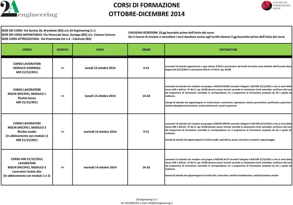 aziende Lgs. 81/08. appartenenti a ogni settore ATECO a prescindere dal livello di rischio come definito dall'accordo Stato Regioni del 21/12/2011 in attuazione dell'art. 37 del D. Lgs. 81/08 Lavoratori di aziende che ricadono nel gruppo a RISCHIO BASSO secondo l'allegato I dell'asr 21/12/2011 e che ai sensi dello stesso ASR e dell'art.