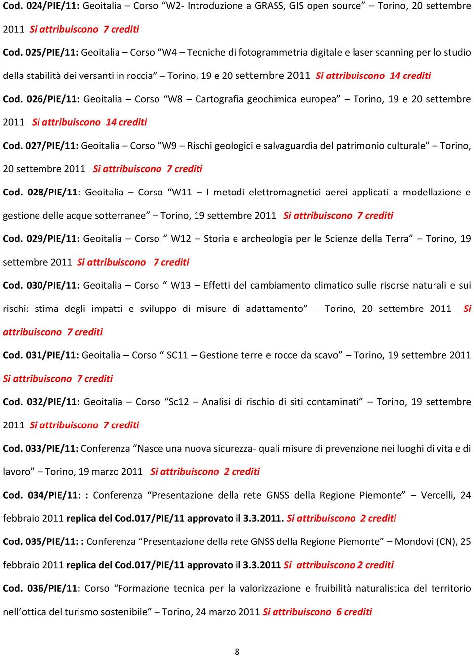 026/PIE/11: Geoitalia Corso W8 Cartografia geochimica europea Torino, 19 e 20 settembre 2011 Si attribuiscono 14 Cod.