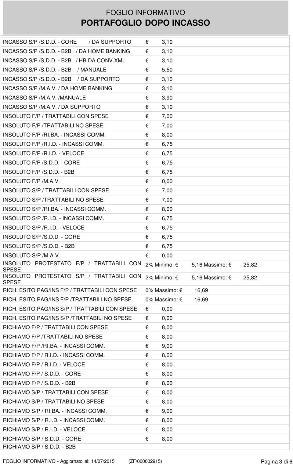 D.D. - CORE 6,75 INSOLUTO F/P /S.D.D. - B2B 6,75 INSOLUTO F/P /M.A.V. 0,00 INSOLUTO S/P / TRATTABILI CON 7,00 INSOLUTO S/P /TRATTABILI NO 7,00 INSOLUTO S/P /RI.BA. - 8,00 INSOLUTO S/P /R.I.D. - 6,75 INSOLUTO S/P /R.