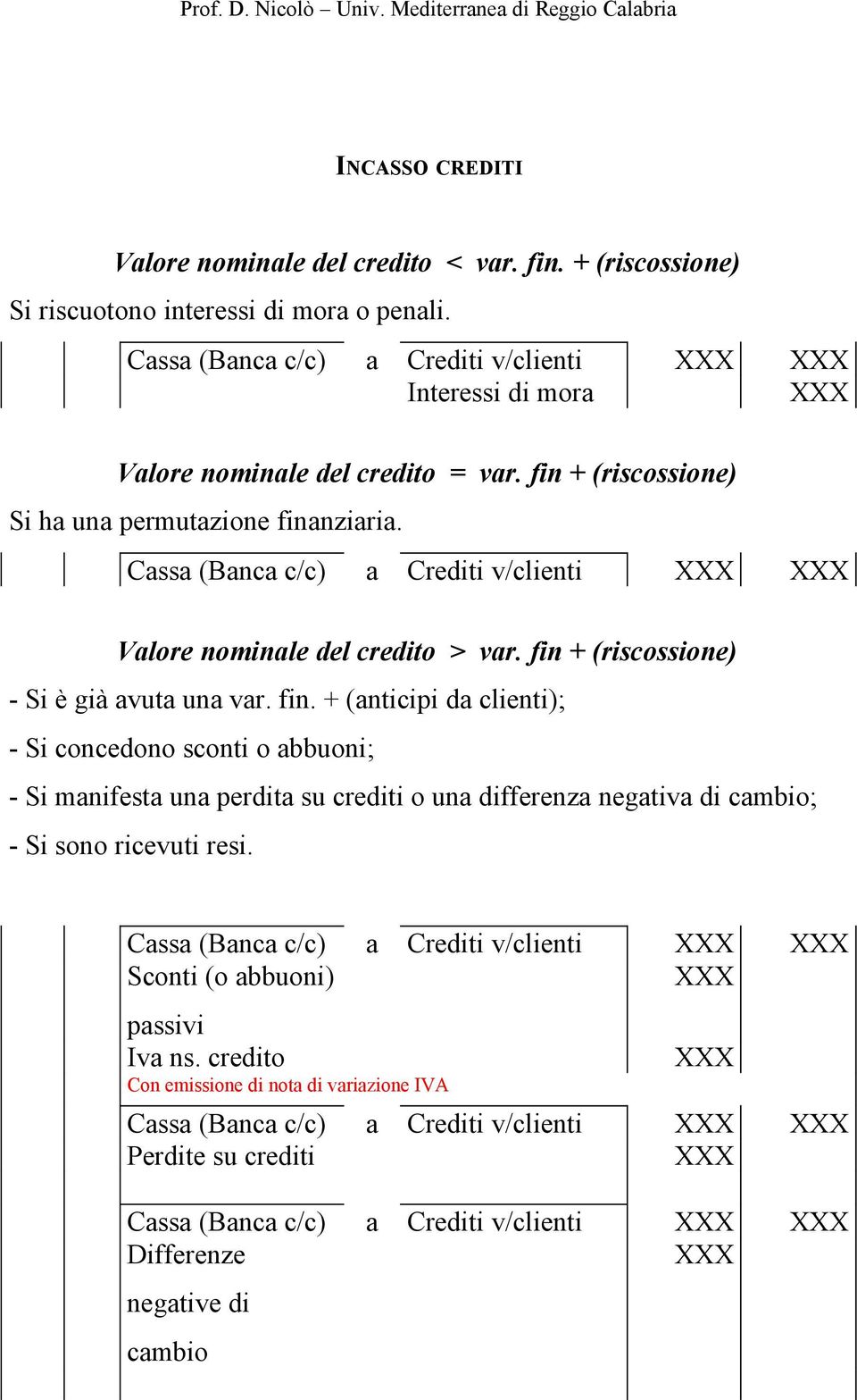 Cassa (Banca c/c) a Crediti v/clienti Valore nominale del credito > var. fin 