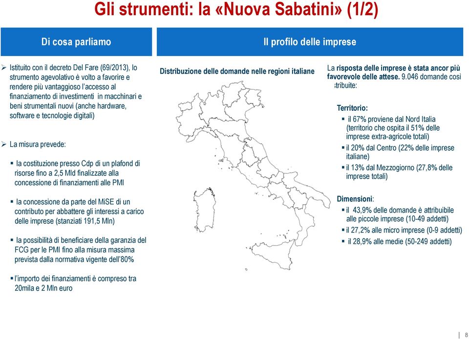 fino a 2,5 Mld finalizzate alla concessione di finanziamenti alle PMI la concessione da parte del MiSE di un contributo per abbattere gli interessi a carico delle imprese (stanziati 191,5 Mln) la