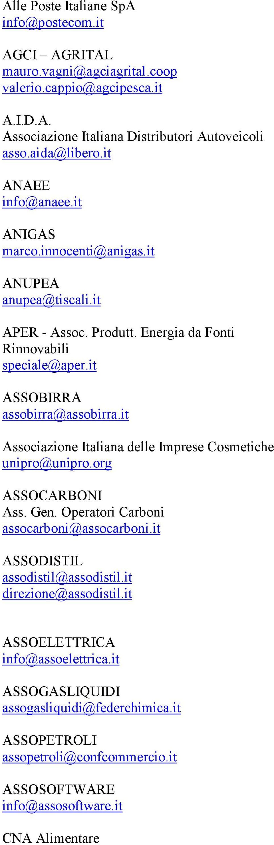 it ASSOBIRRA assobirra@assobirra.it Associazione Italiana delle Imprese Cosmetiche unipro@unipro.org ASSOCARBONI Ass. Gen. Operatori Carboni assocarboni@assocarboni.