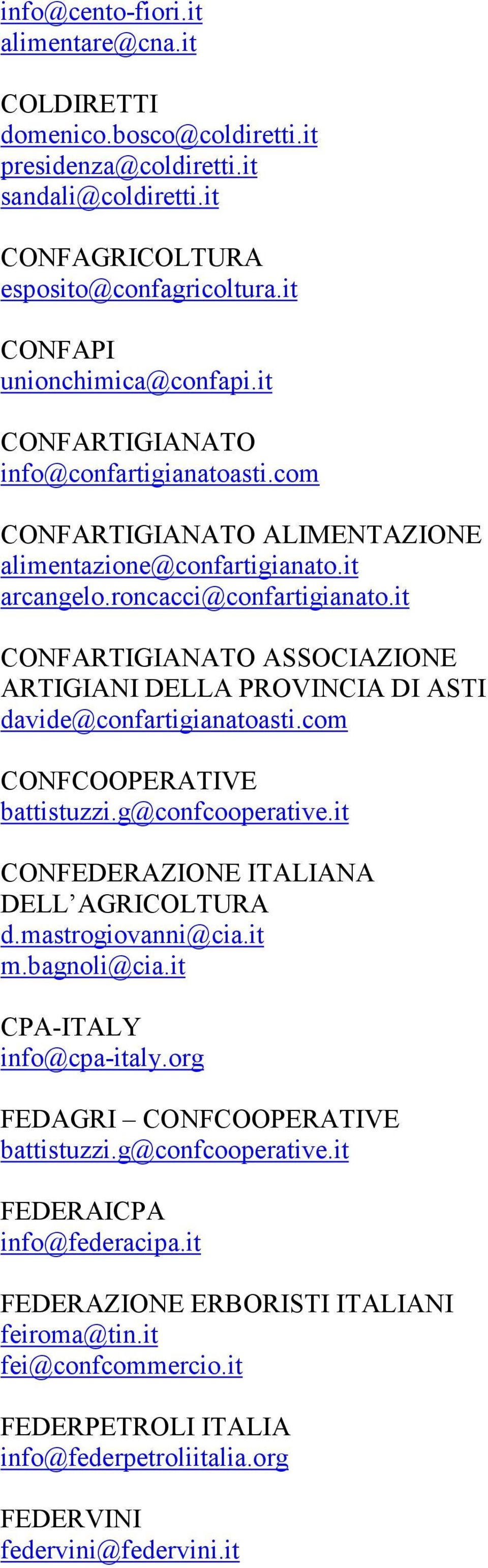 it CONFARTIGIANATO ASSOCIAZIONE ARTIGIANI DELLA PROVINCIA DI ASTI davide@confartigianatoasti.com CONFCOOPERATIVE battistuzzi.g@confcooperative.it CONFEDERAZIONE ITALIANA DELL AGRICOLTURA d.