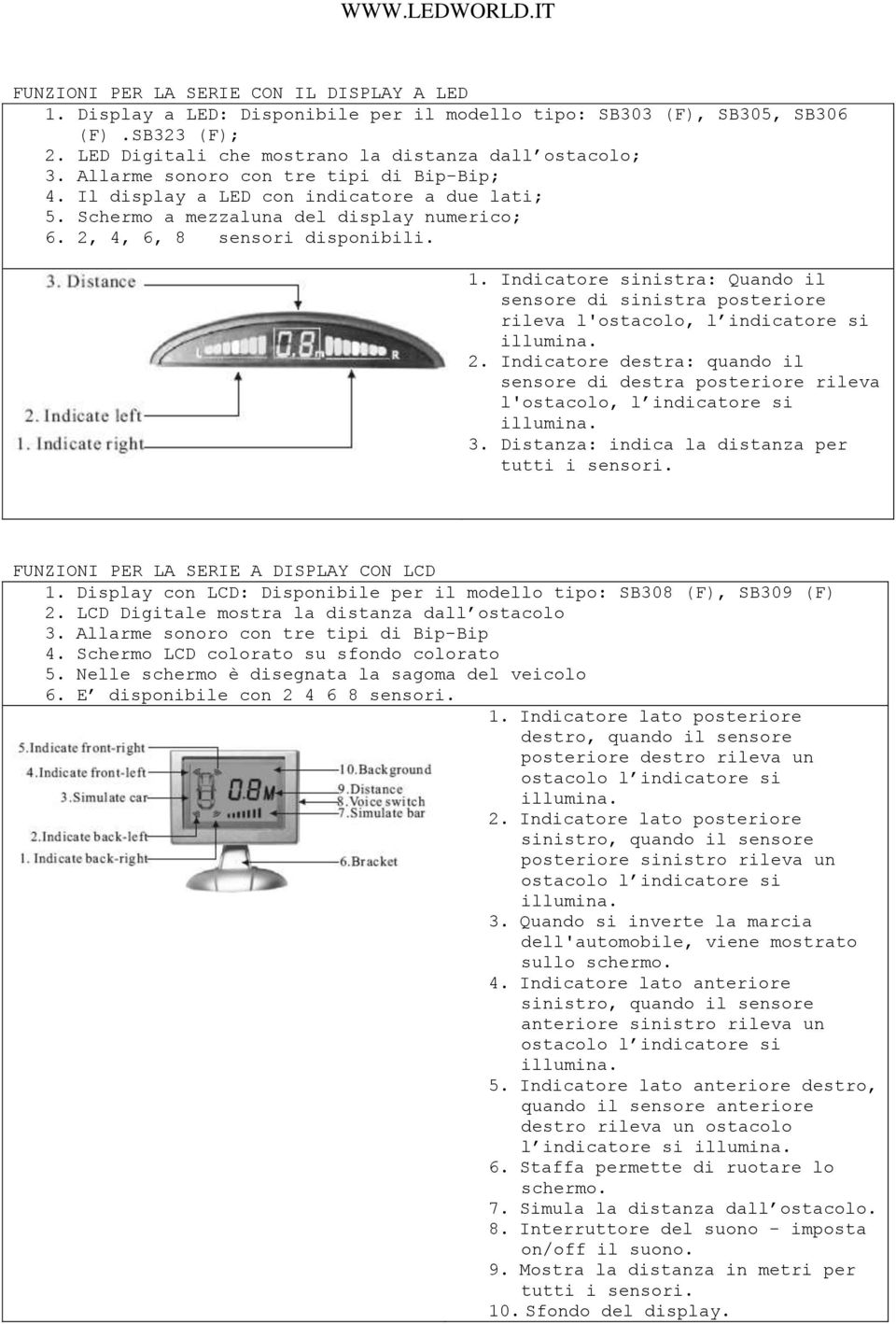 Indicatore sinistra: Quando il sensore di sinistra posteriore rileva l'ostacolo, l indicatore si illumina. 2.