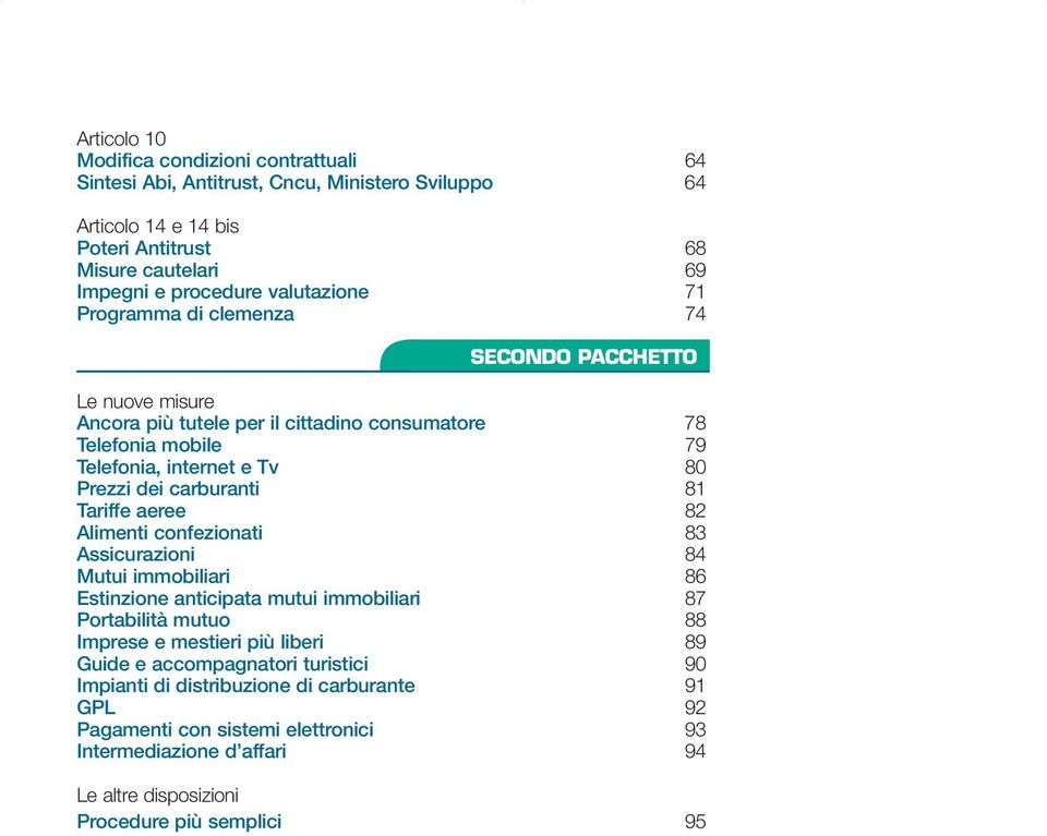 carburanti 81 Tariffe aeree 82 Alimenti confezionati 83 Assicurazioni 84 Mutui immobiliari 86 Estinzione anticipata mutui immobiliari 87 Portabilità mutuo 88 Imprese e mestieri più liberi