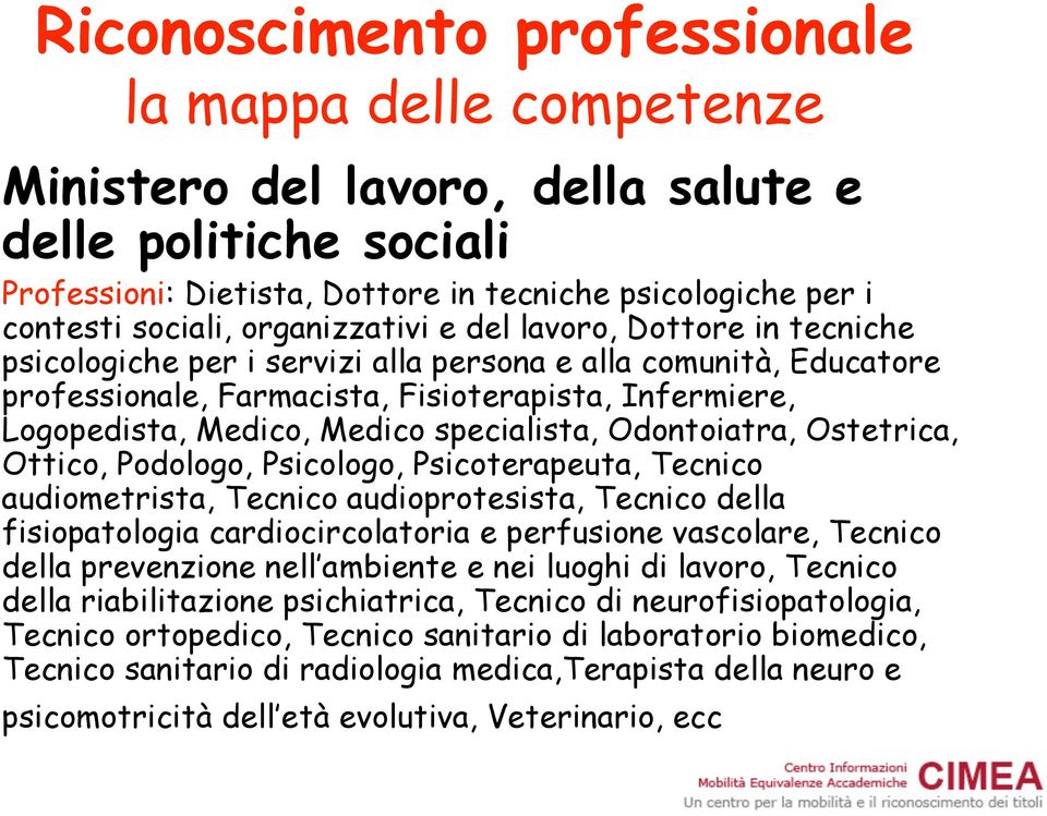 specialista, Odontoiatra, Ostetrica, Ottico, Podologo, Psicologo, Psicoterapeuta, Tecnico audiometrista, Tecnico audioprotesista, Tecnico della fisiopatologia cardiocircolatoria e perfusione