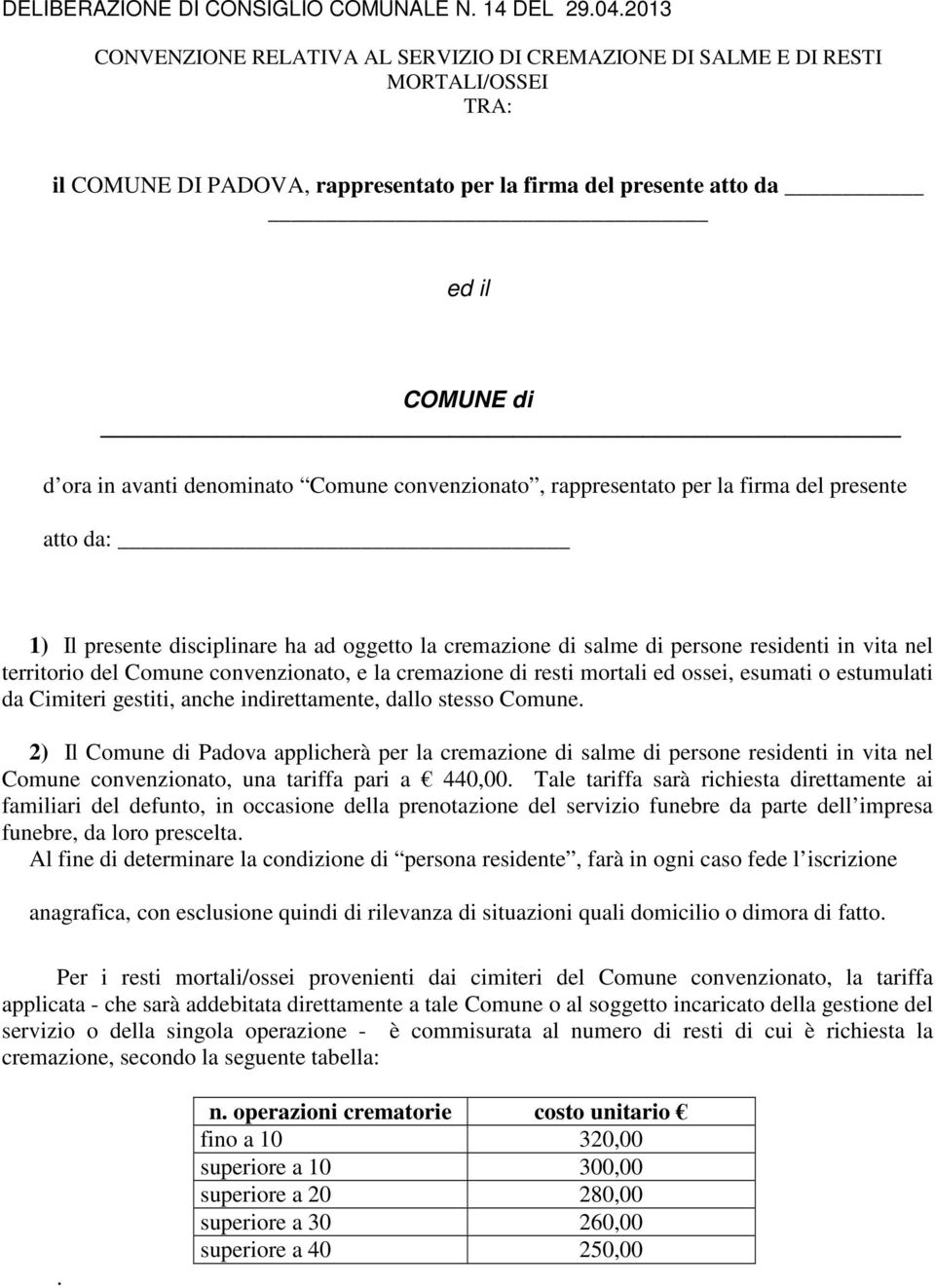 convenzionato, e la cremazione di resti mortali ed ossei, esumati o estumulati da Cimiteri gestiti, anche indirettamente, dallo stesso Comune.