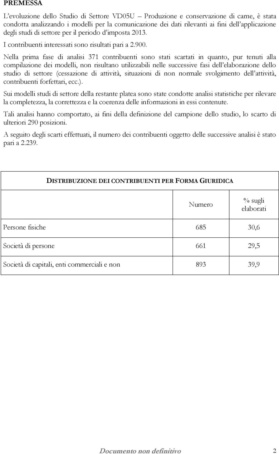 Nella prima fase di analisi 371 contribuenti sono stati scartati in quanto, pur tenuti alla compilazione dei modelli, non risultano utilizzabili nelle successive fasi dell elaborazione dello studio