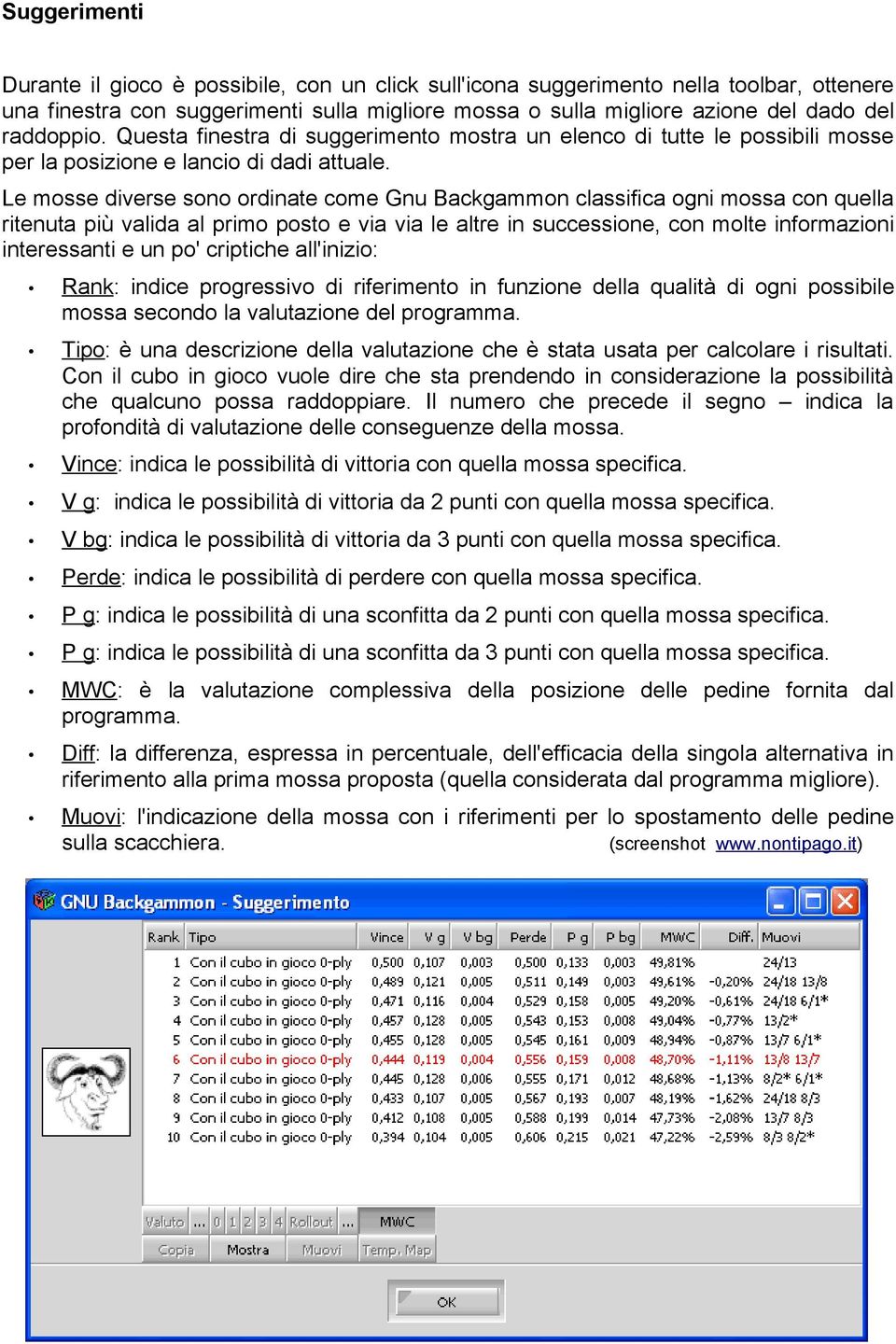 Le mosse diverse sono ordinate come Gnu Backgammon classifica ogni mossa con quella ritenuta più valida al primo posto e via via le altre in successione, con molte informazioni interessanti e un po'