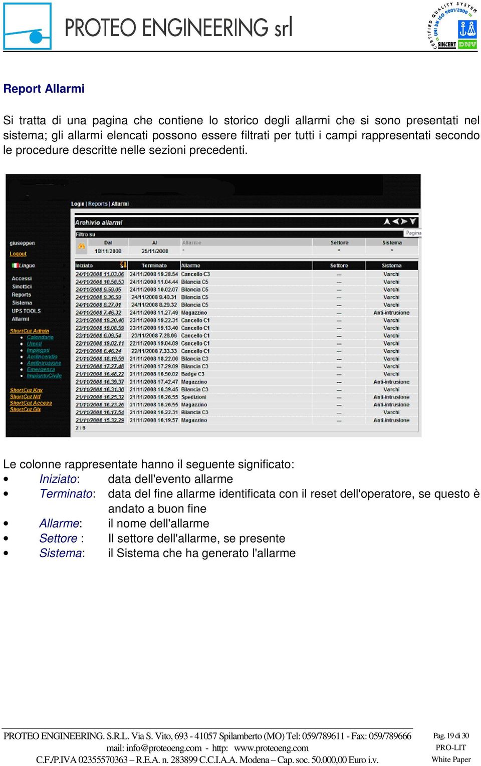 Le colonne rappresentate hanno il seguente significato: Iniziato: data dell'evento allarme Terminato: data del fine allarme identificata con il