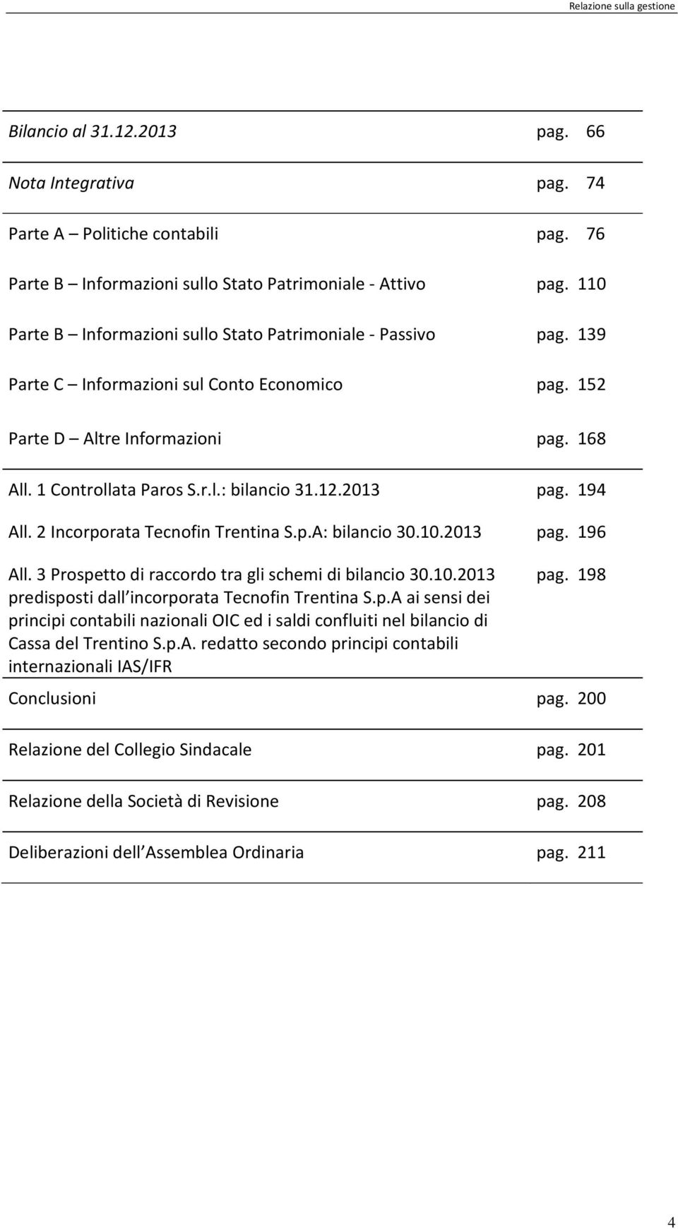 12.2013 All. 2 Incorporata Tecnofin Trentina S.p.A: bilancio 30.10.2013 pag. 194 pag. 196 All. 3 Prospetto di raccordo tra gli schemi di bilancio 30.10.2013 predisposti dall incorporata Tecnofin Trentina S.