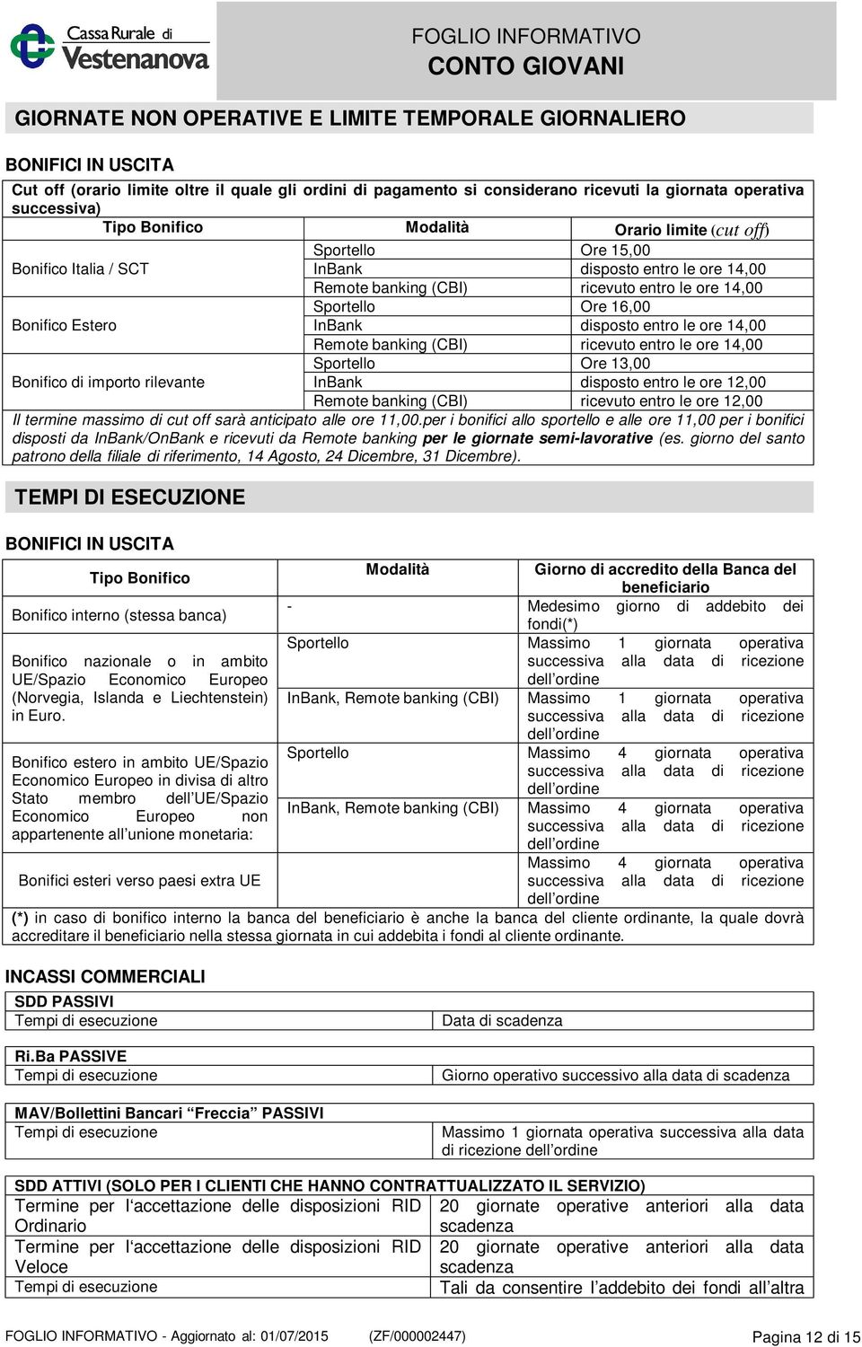 Estero InBank disposto entro le ore 14,00 Remote banking (CBI) ricevuto entro le ore 14,00 Sportello Ore 13,00 Bonifico di importo rilevante InBank disposto entro le ore 12,00 Remote banking (CBI)