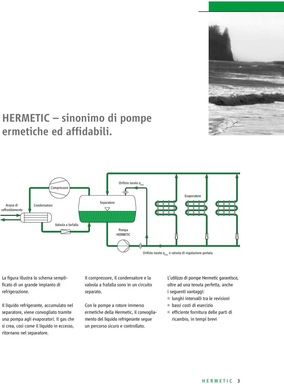 illustra lo schema semplificato di un grande impianto di refrigerazione. Il liquido refrigerante, accumulato nel separatore, viene convogliato tramite una pompa agli evaporatori.