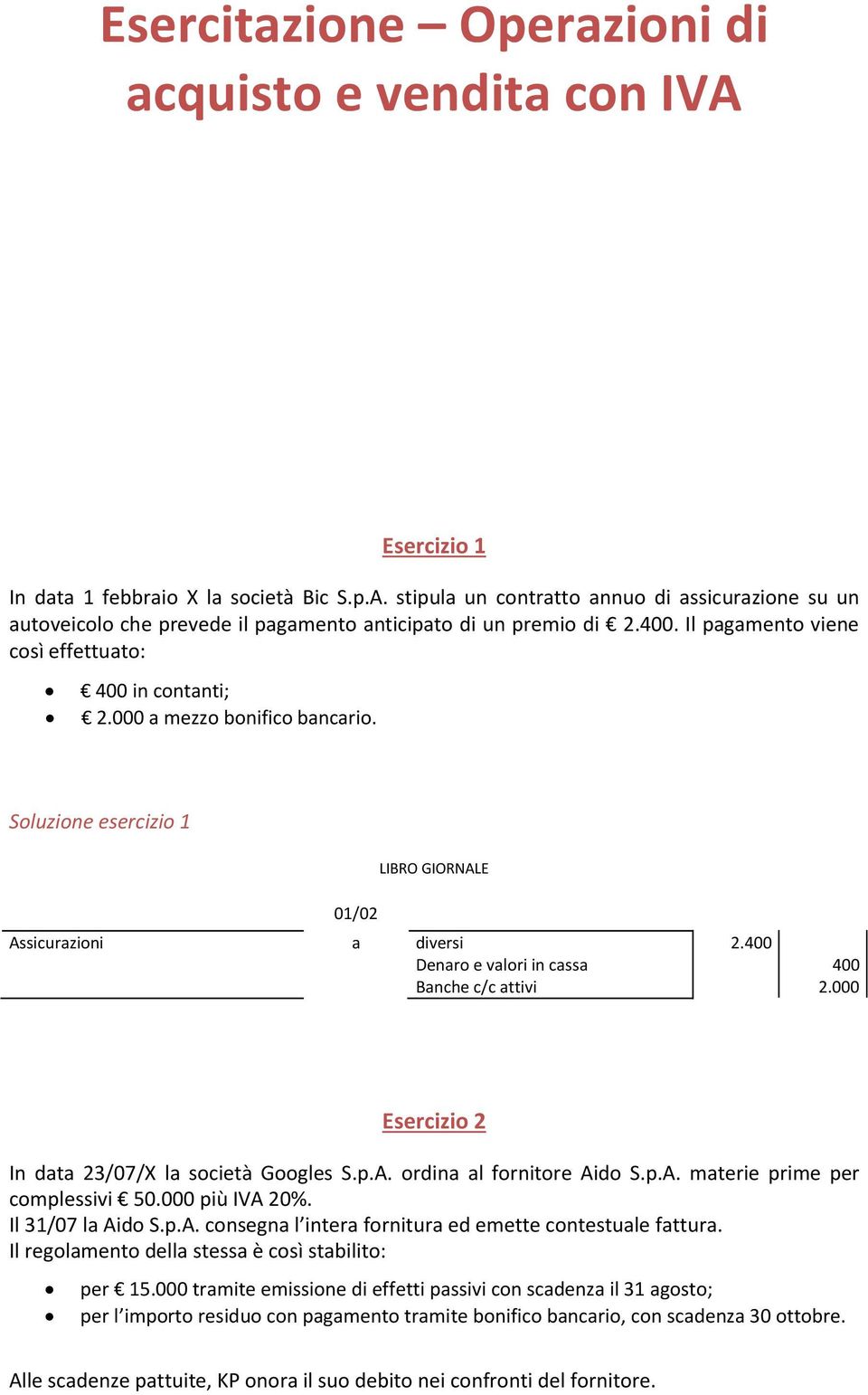 400 400 Esercizio 2 In dt 23/07/X l società Googles S.p.A. ordin l fornitore Aido S.p.A. mterie prime per complessivi 50.000 più IVA 20%. Il 31/07 l Aido S.p.A. consegn l inter fornitur ed emette contestule fttur.