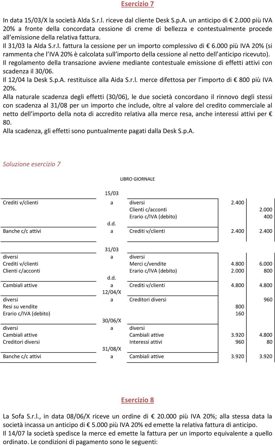 Il regolmento dell trnszione vviene medinte contestule emissione di effetti ttivi con scdenz il 30/06. Il 12/04 l Desk S.p.A. restituisce ll Aid S.r.l. merce difettos per l importo di 800 più IVA 20%.