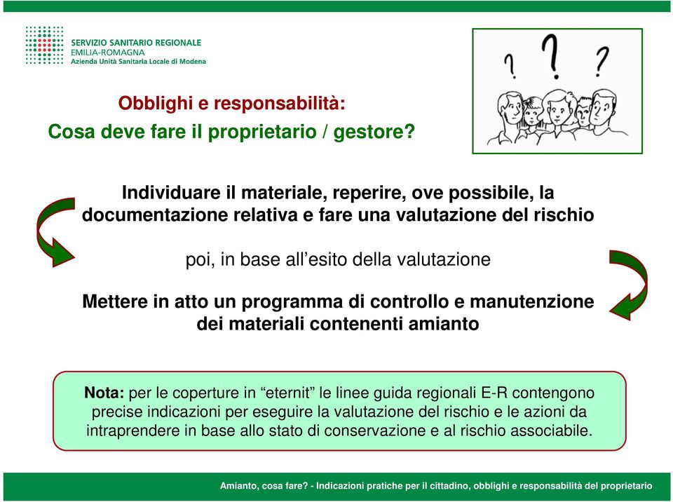 esito della valutazione Mettere in atto un programma di controllo e manutenzione dei materiali contenenti amianto Nota: per le