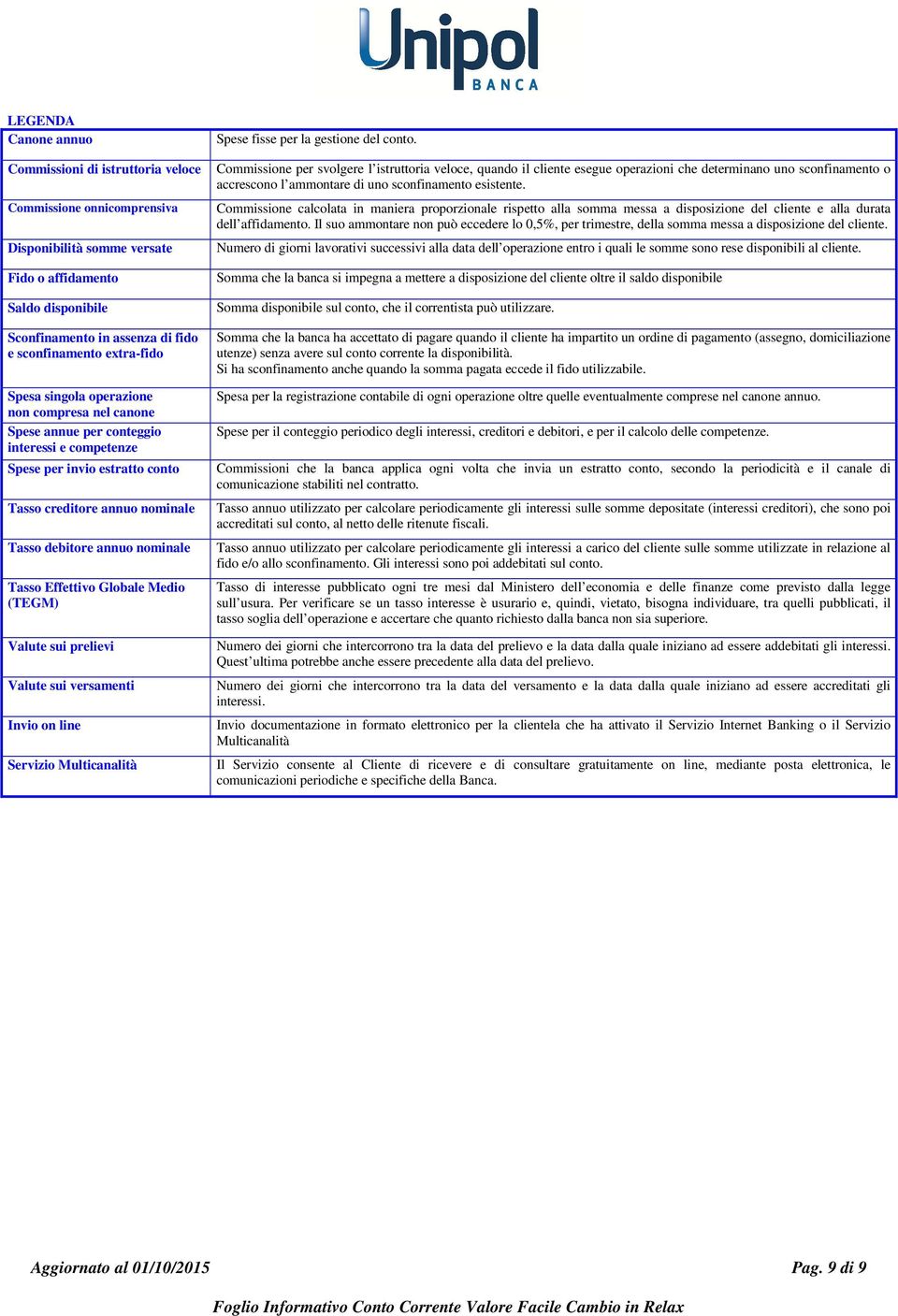 nominale Tasso Effettivo Globale Medio (TEGM) Valute sui prelievi Valute sui versamenti Invio on line Servizio Multicanalità Spese fisse per la gestione del conto.