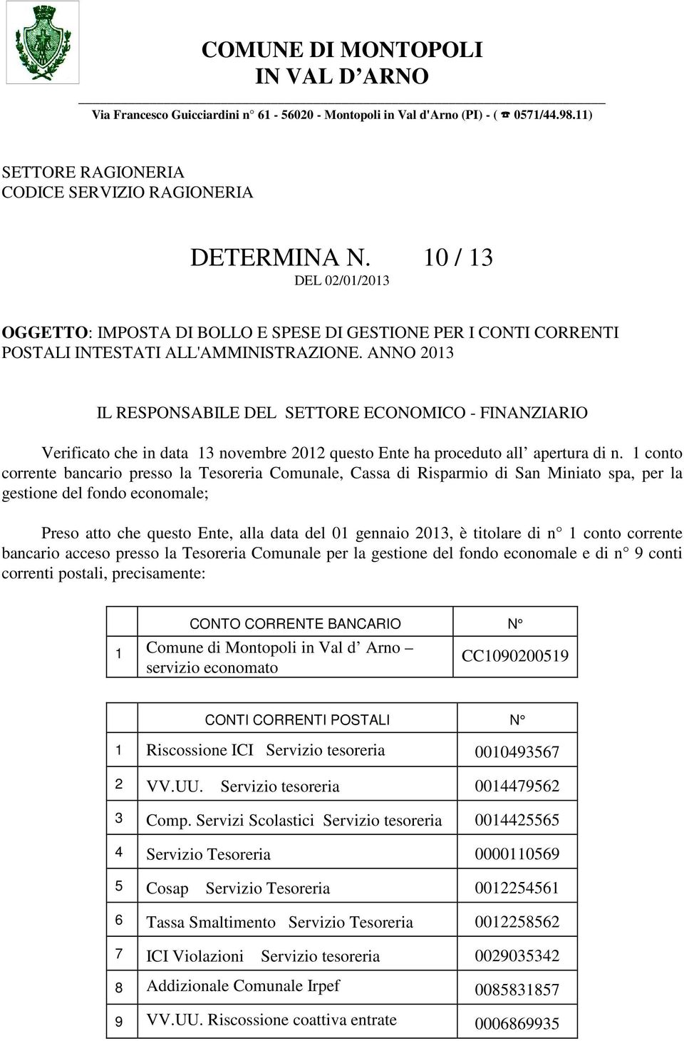 ANNO 2013 IL RESPONSABILE DEL SETTORE ECONOMICO - FINANZIARIO Verificato che in data 13 novembre 2012 questo Ente ha proceduto all apertura di n.