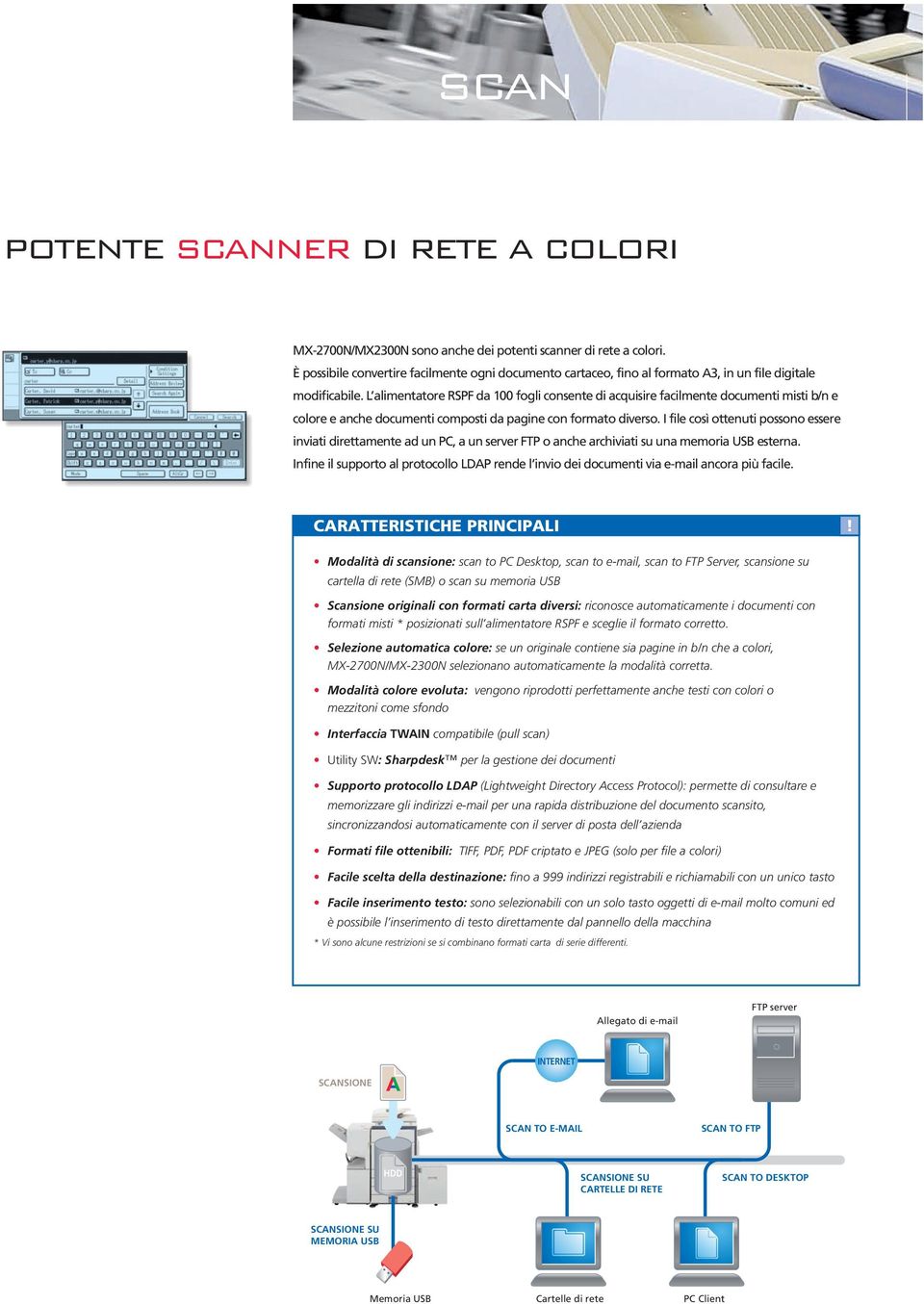 L alimentatore RSPF da 100 fogli consente di acquisire facilmente documenti misti b/n e colore e anche documenti composti da pagine con formato diverso.