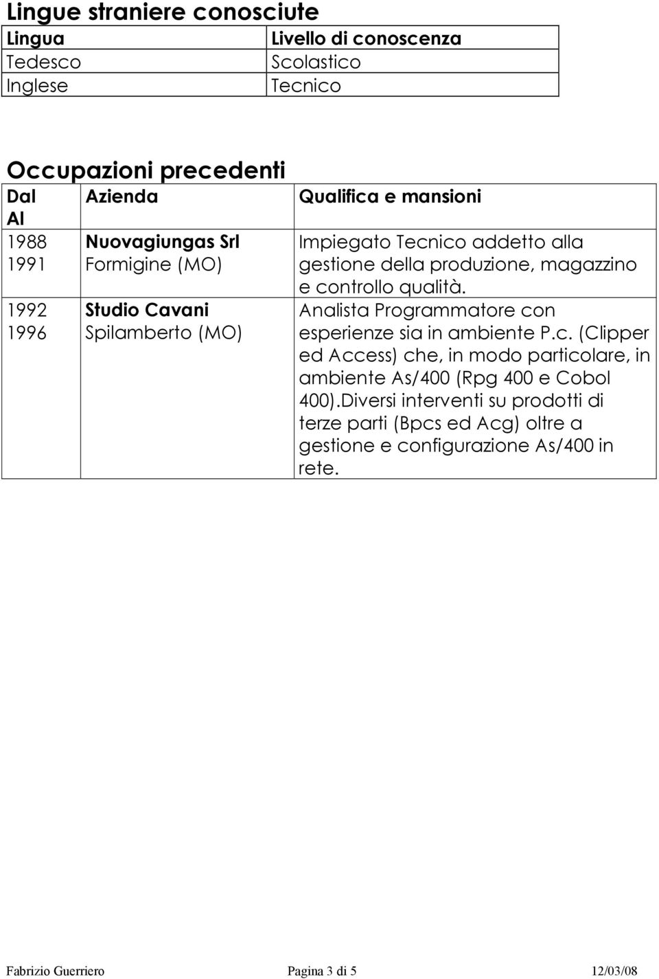 controllo qualità. Analista Programmatore con esperienze sia in ambiente P.c. (Clipper ed Access) che, in modo particolare, in ambiente As/400 (Rpg 400 e Cobol 400).