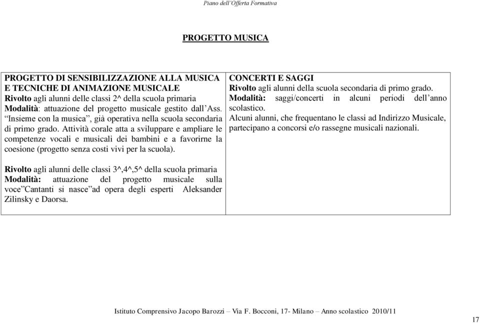 Attività corale atta a sviluppare e ampliare le competenze vocali e musicali dei bambini e a favorirne la coesione (progetto senza costi vivi per la scuola).