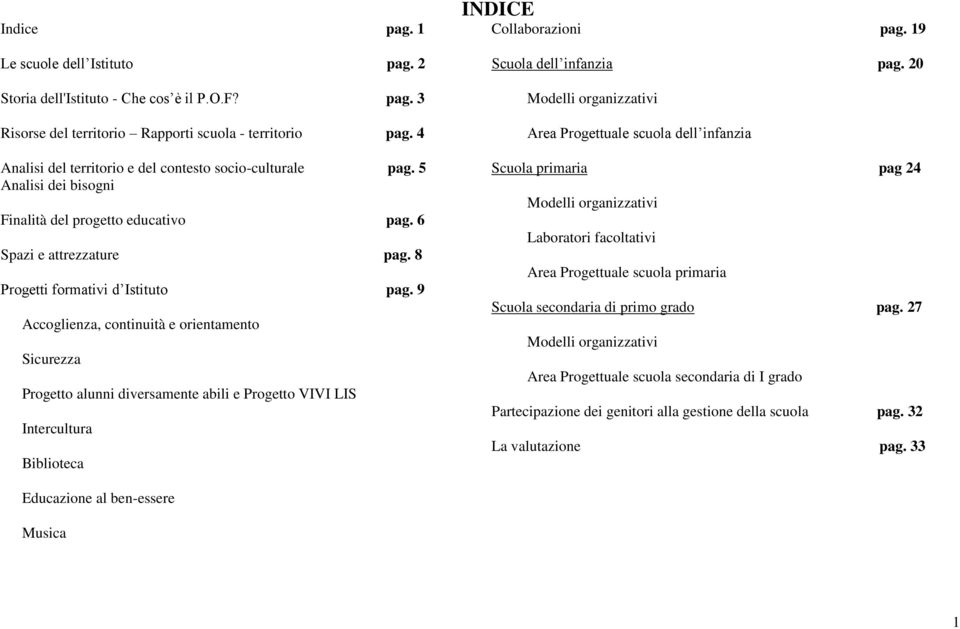 9 - Accoglienza, continuità e orientamento - Sicurezza - Progetto alunni diversamente abili e Progetto VIVI LIS - Intercultura - Biblioteca INDICE Collaborazioni pag. 19 Scuola dell infanzia pag.