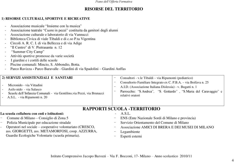 di via Bellezza e di via Adige - Il Centro di V. Pietrasanta n. 12 - Summer City Camp - Attività sportive promosse da varie società - I giardini e i cortili delle scuole - Piscine comunali: Mincio, S.