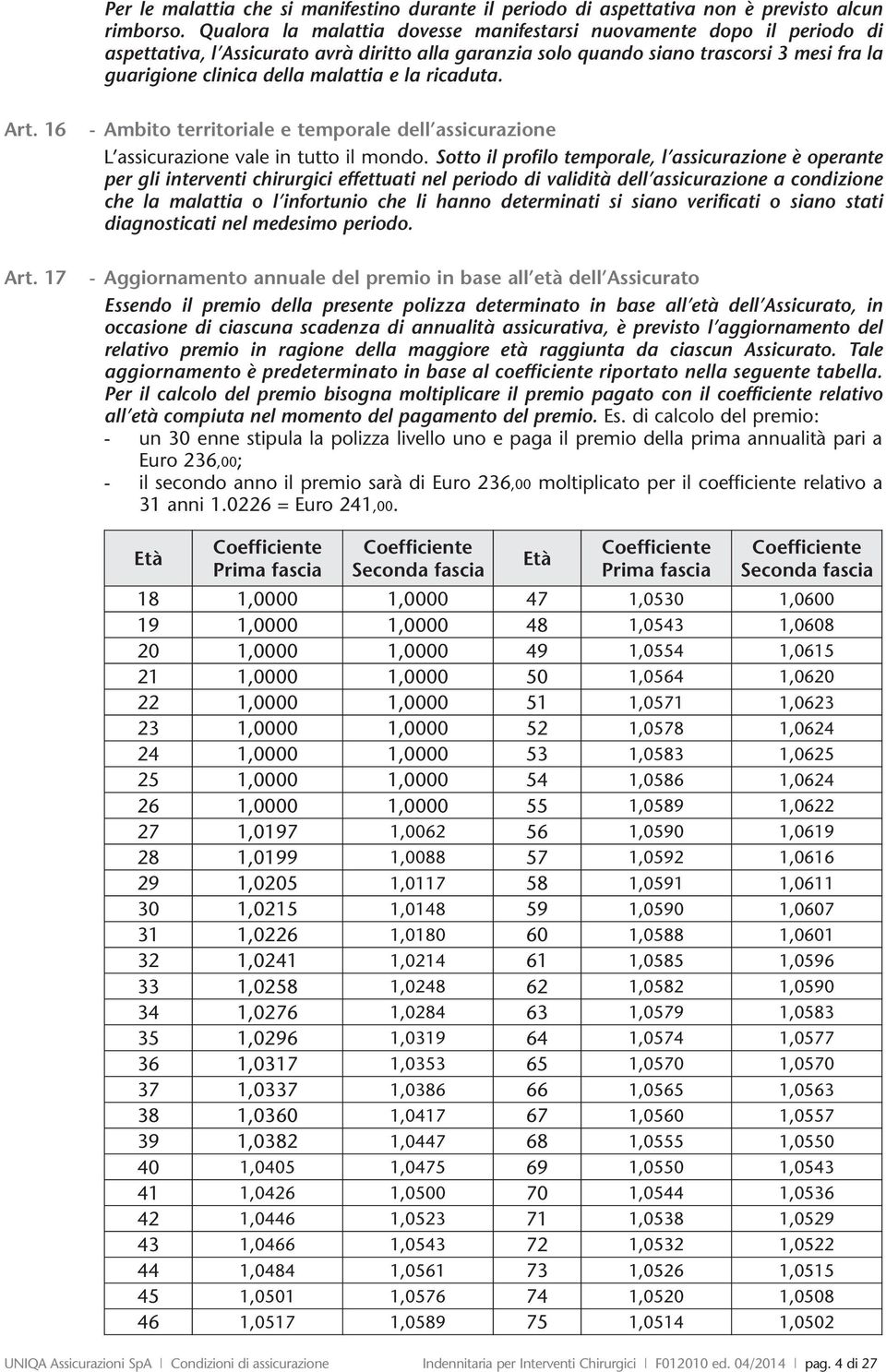 e la ricaduta. Art. 16 Art. 17 - Ambito territoriale e temporale dell assicurazione L assicurazione vale in tutto il mondo.