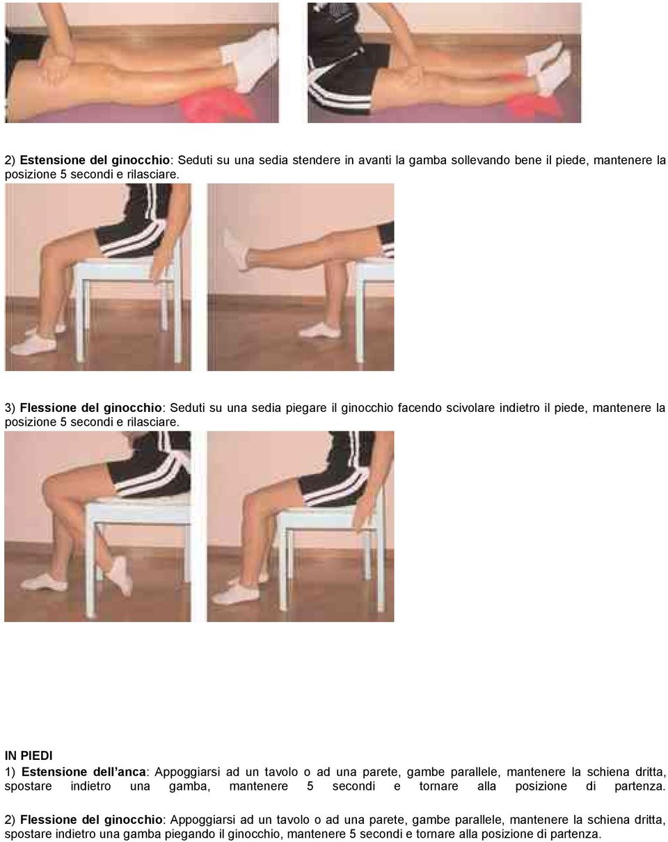 IN PIEDI 1) Estensione dell anca: Appoggiarsi ad un tavolo o ad una parete, gambe parallele, mantenere la schiena dritta, spostare indietro una gamba, mantenere 5 secondi e tornare