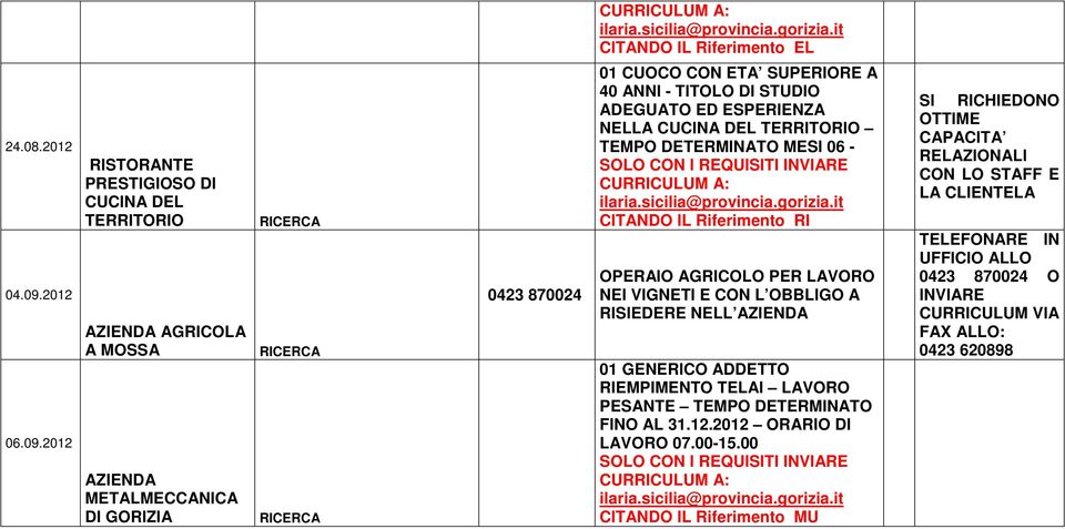 ADEGUATO ED ESPERIENZA NELLA CUCINA DEL TERRITORIO TEMPO DETERMINATO MESI 06 - CITANDO IL Riferimento RI OPERAIO AGRICOLO PER LAVORO NEI VIGNETI E CON L OBBLIGO A