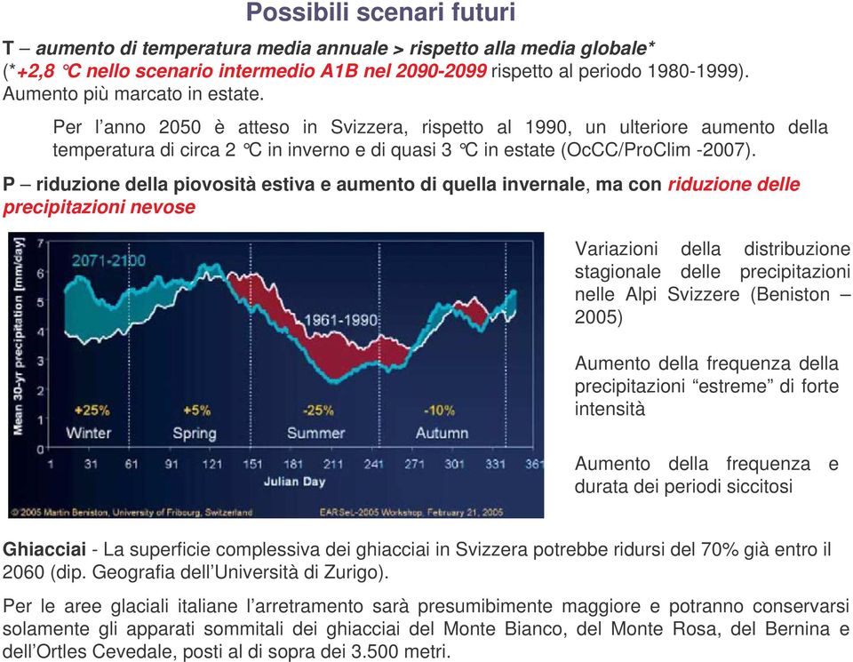 P riduzione della piovosità estiva e aumento di quella invernale, ma con riduzione delle precipitazioni nevose Variazioni della distribuzione stagionale delle precipitazioni nelle Alpi Svizzere