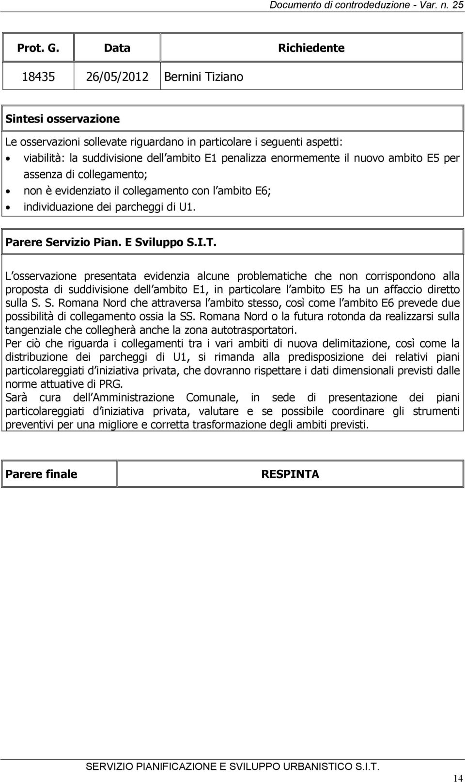 enormemente il nuovo ambito E5 per assenza di collegamento; non è evidenziato il collegamento con l ambito E6; individuazione dei parcheggi di U1. Parere Servizio Pian. E Sviluppo S.I.T.