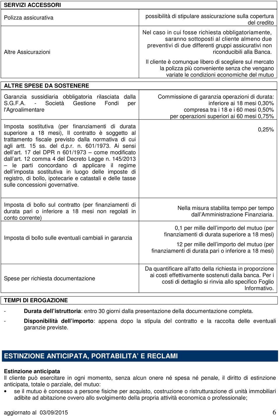 Il cliente è comunque libero di scegliere sul mercato la polizza più conveniente senza che vengano variate le condizioni economiche del mutuo ALTRE SPESE DA SOSTENERE Garanzia sussidiaria