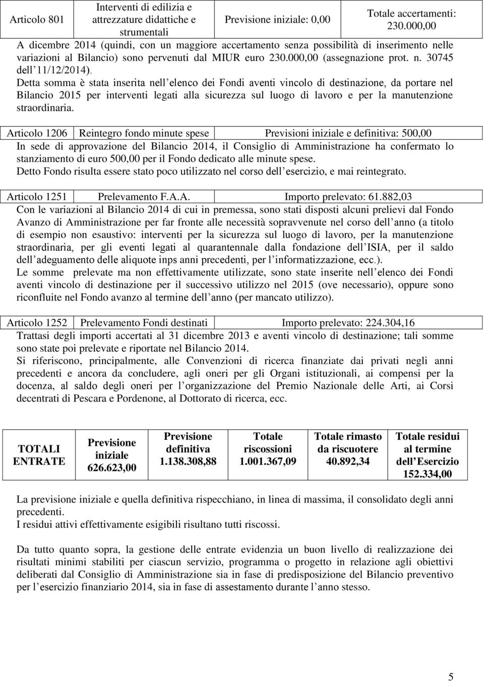 Detta somma è stata inserita nell elenco dei Fondi aventi vincolo di destinazione, da portare nel Bilancio 2015 per interventi legati alla sicurezza sul luogo di lavoro e per la manutenzione