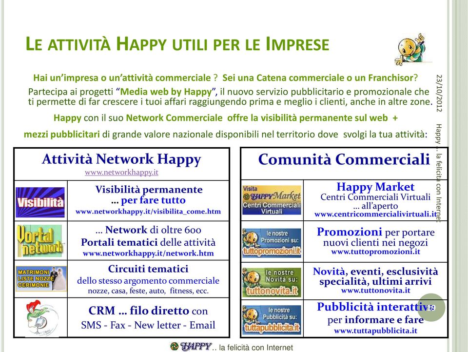 Happycon il suo Network Commerciale offrela visibilità permanente sul web + mezzi pubblicitari di grande valore nazionale disponibili nel territorio dove svolgi la tua attività: Attività Network